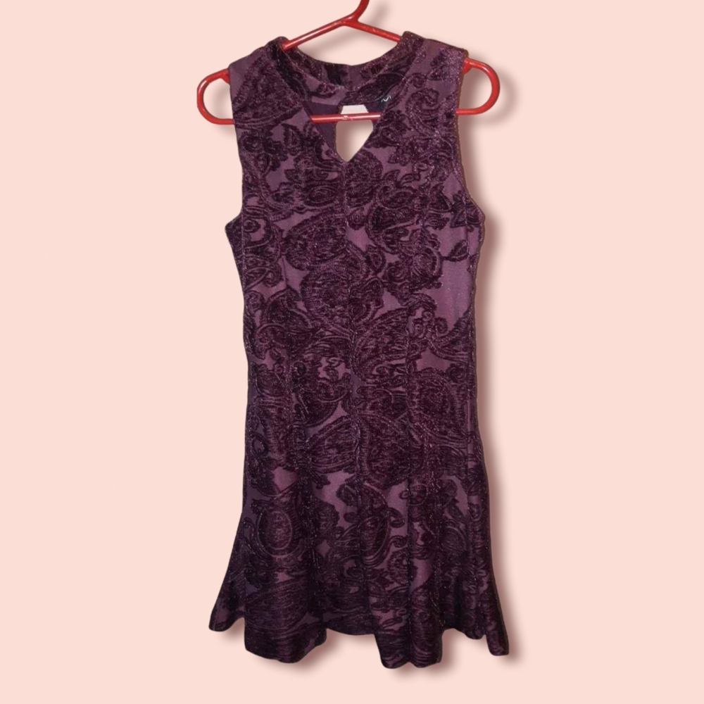 (7) Girls Velvet Dress Wine Colour w/ Floral Design